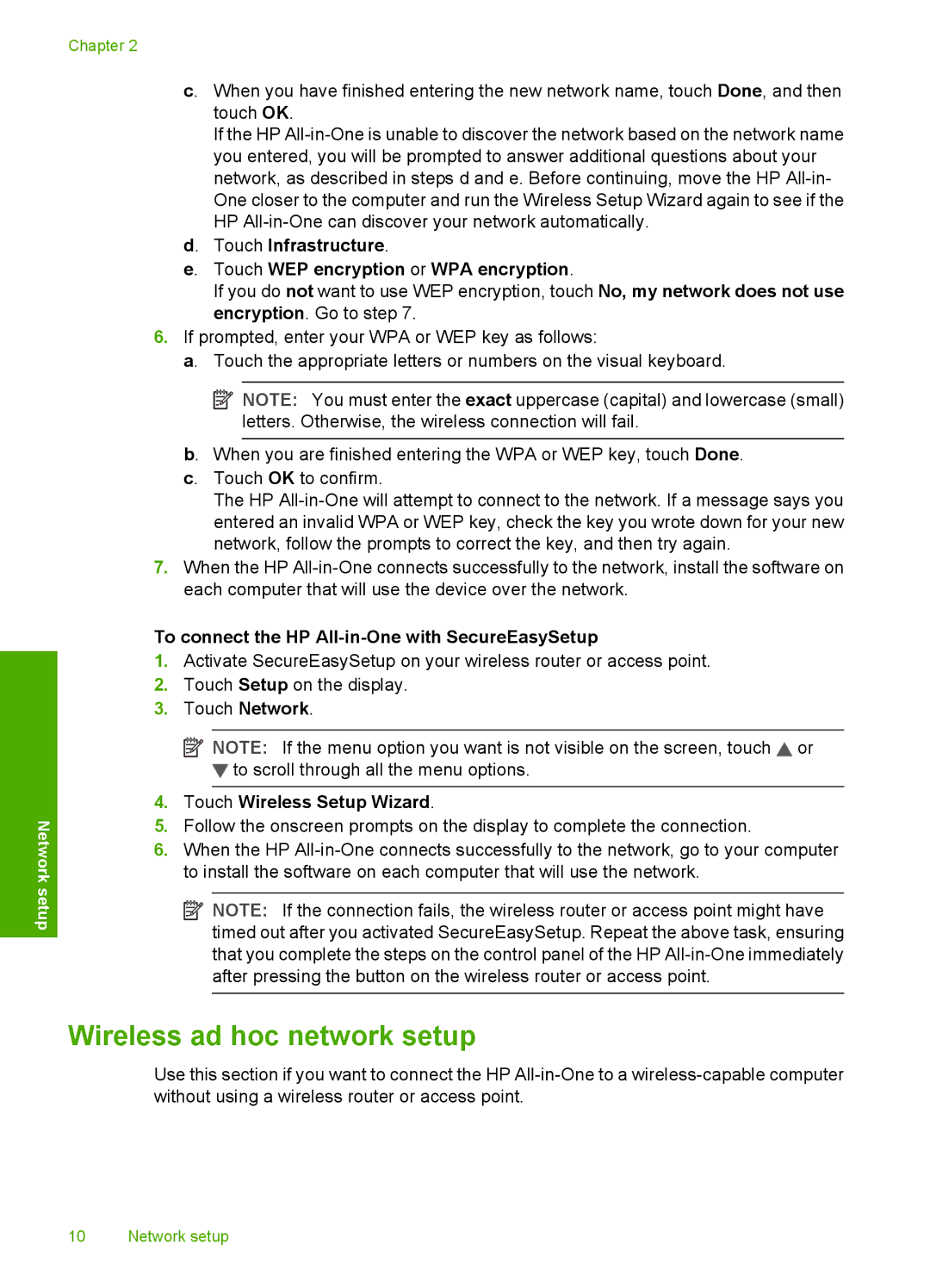 HP C8100 manual Wireless ad hoc network setup, Touch Infrastructure Touch WEP encryption or WPA encryption 