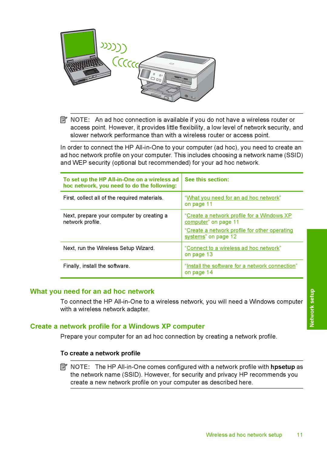 HP C8100 manual What you need for an ad hoc network, Create a network profile for a Windows XP computer 