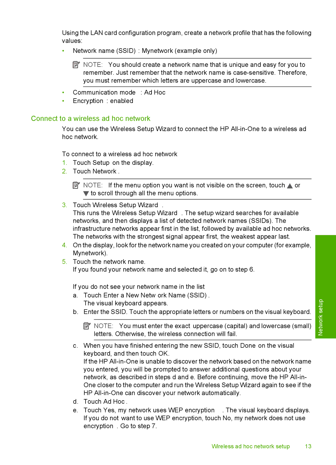 HP C8100 manual Connect to a wireless ad hoc network, Communication mode Ad Hoc Encryption enabled 