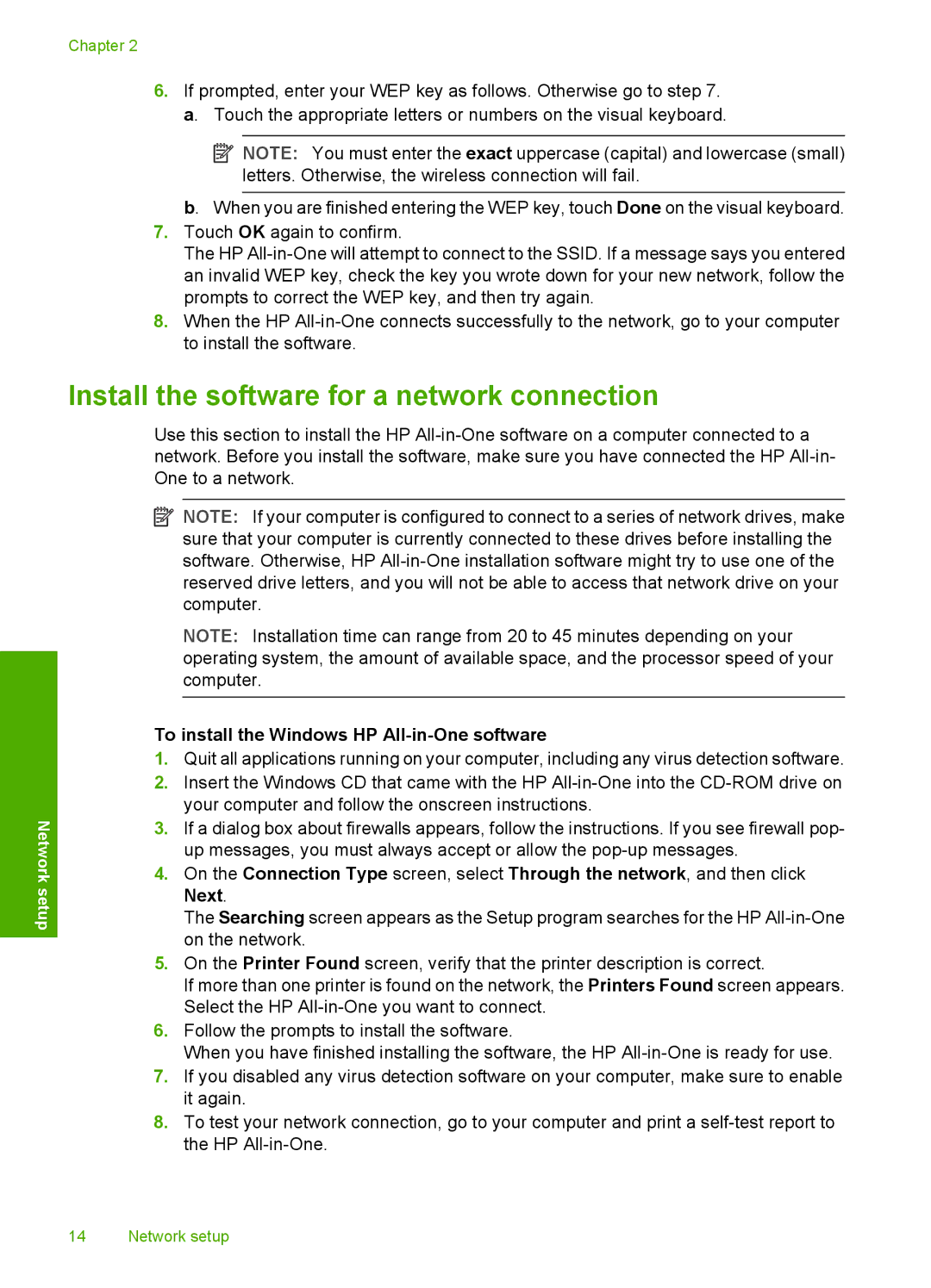 HP C8100 manual Install the software for a network connection, To install the Windows HP All-in-One software 