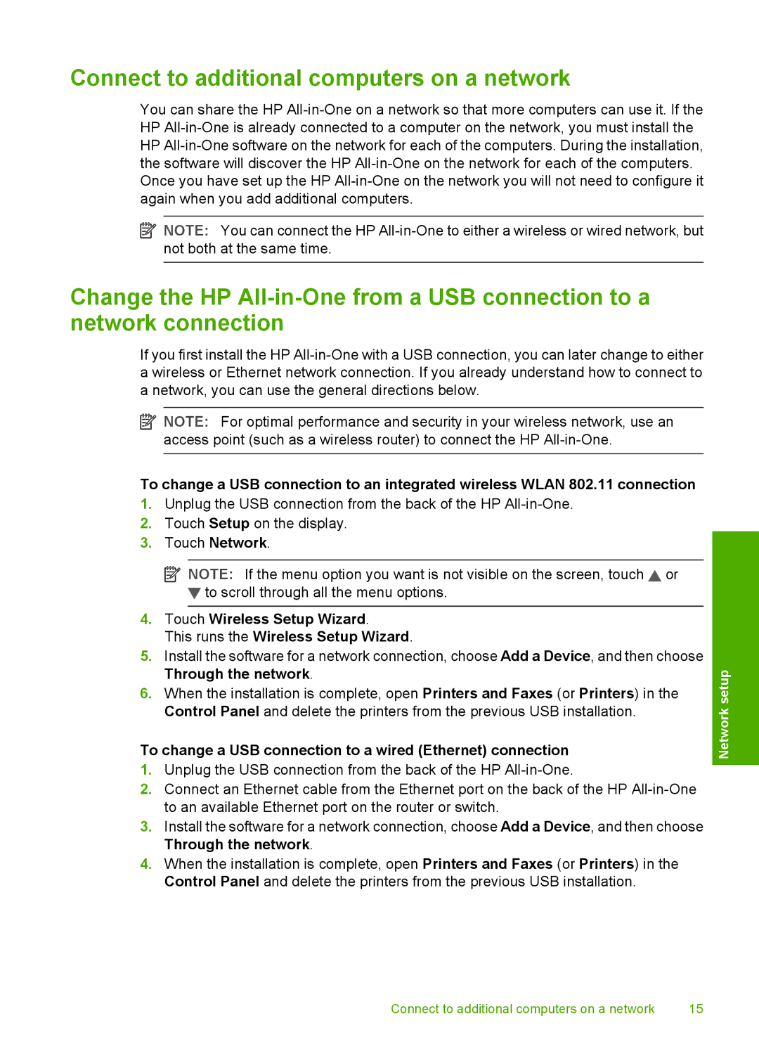 HP C8100 manual Connect to additional computers on a network, To change a USB connection to a wired Ethernet connection 