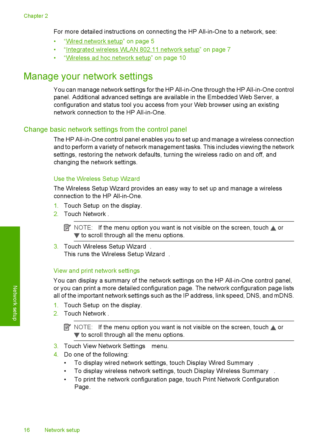 HP C8100 Manage your network settings, Change basic network settings from the control panel, Use the Wireless Setup Wizard 