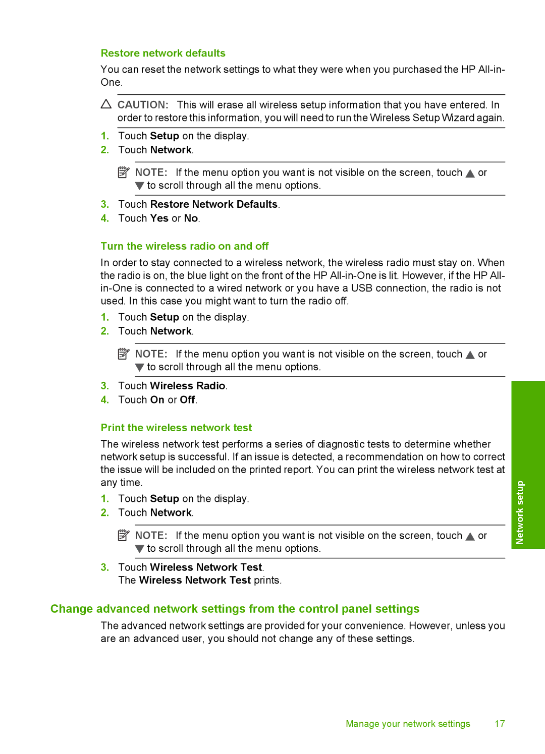 HP C8100 manual Restore network defaults, Touch Restore Network Defaults, Turn the wireless radio on and off 