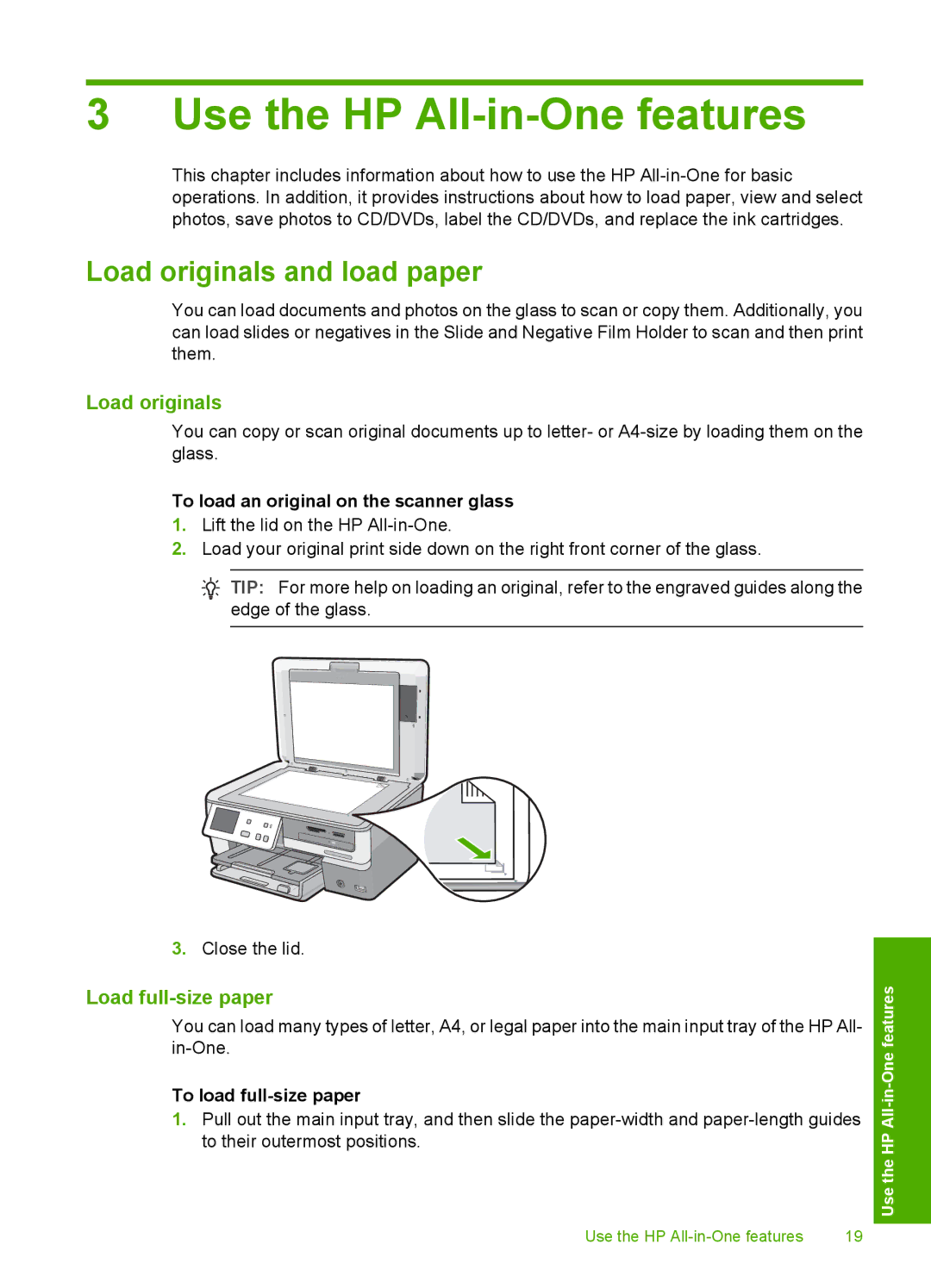 HP C8100 manual Use the HP All-in-One features, Load originals and load paper, Load full-size paper 