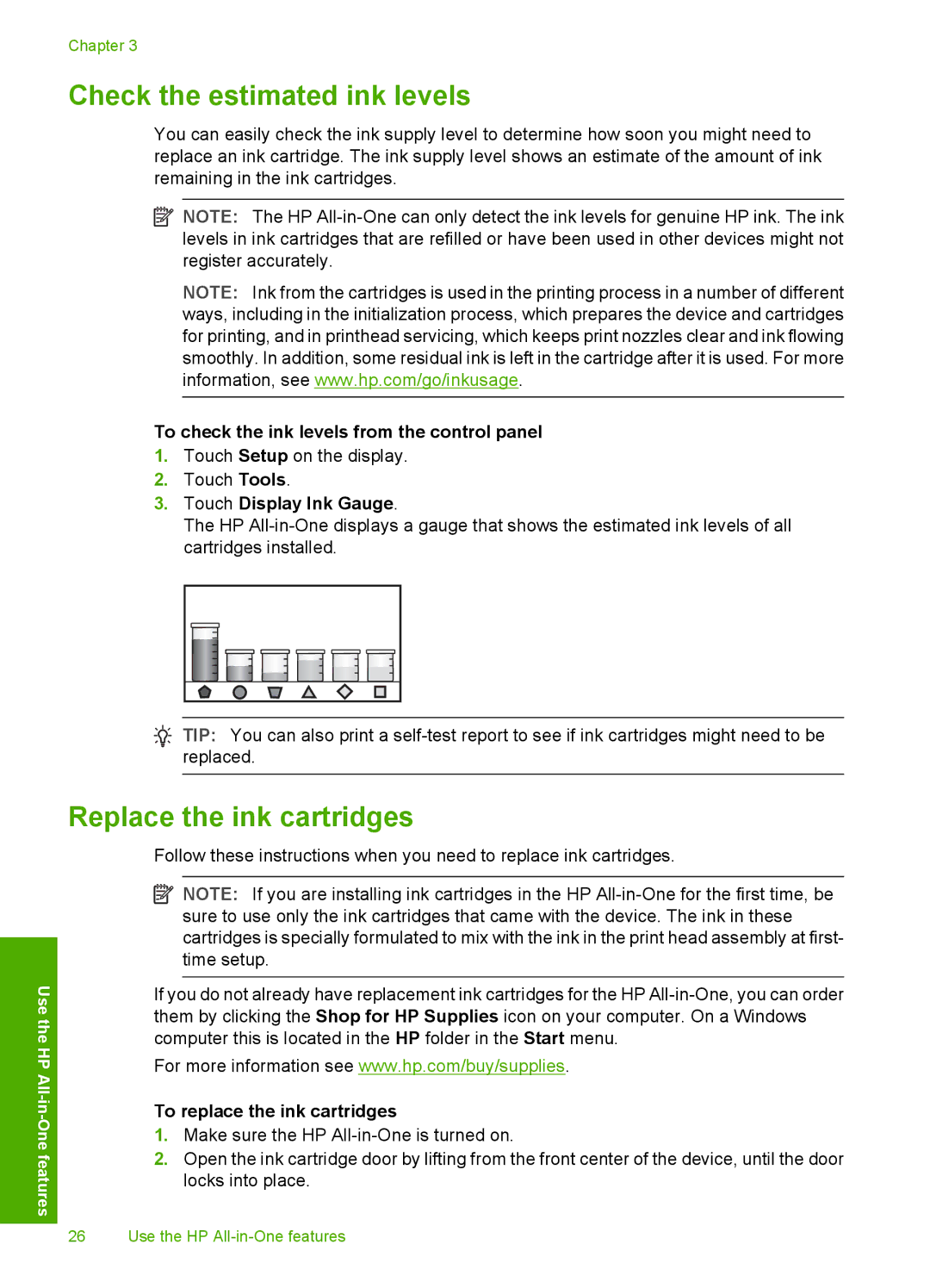 HP C8100 manual Check the estimated ink levels, Replace the ink cartridges, To check the ink levels from the control panel 