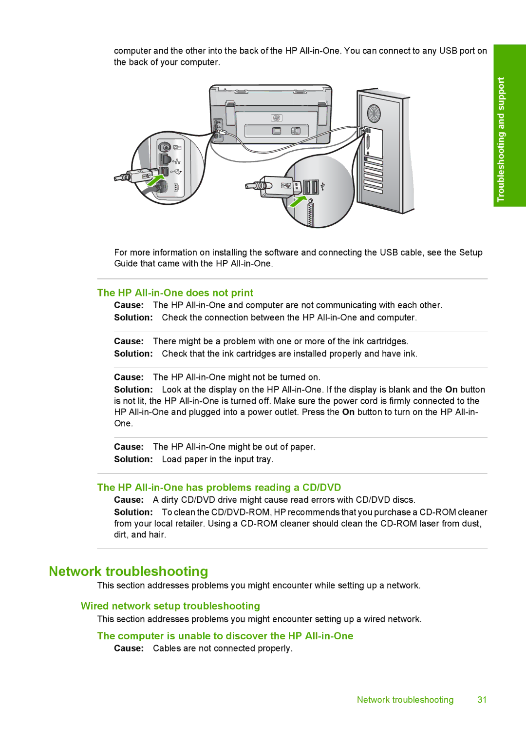 HP C8100 manual Network troubleshooting, HP All-in-One does not print, HP All-in-One has problems reading a CD/DVD 