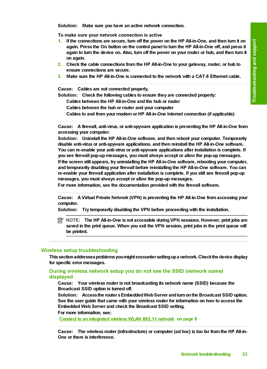 HP C8100 manual Wireless setup troubleshooting, To make sure your network connection is active 