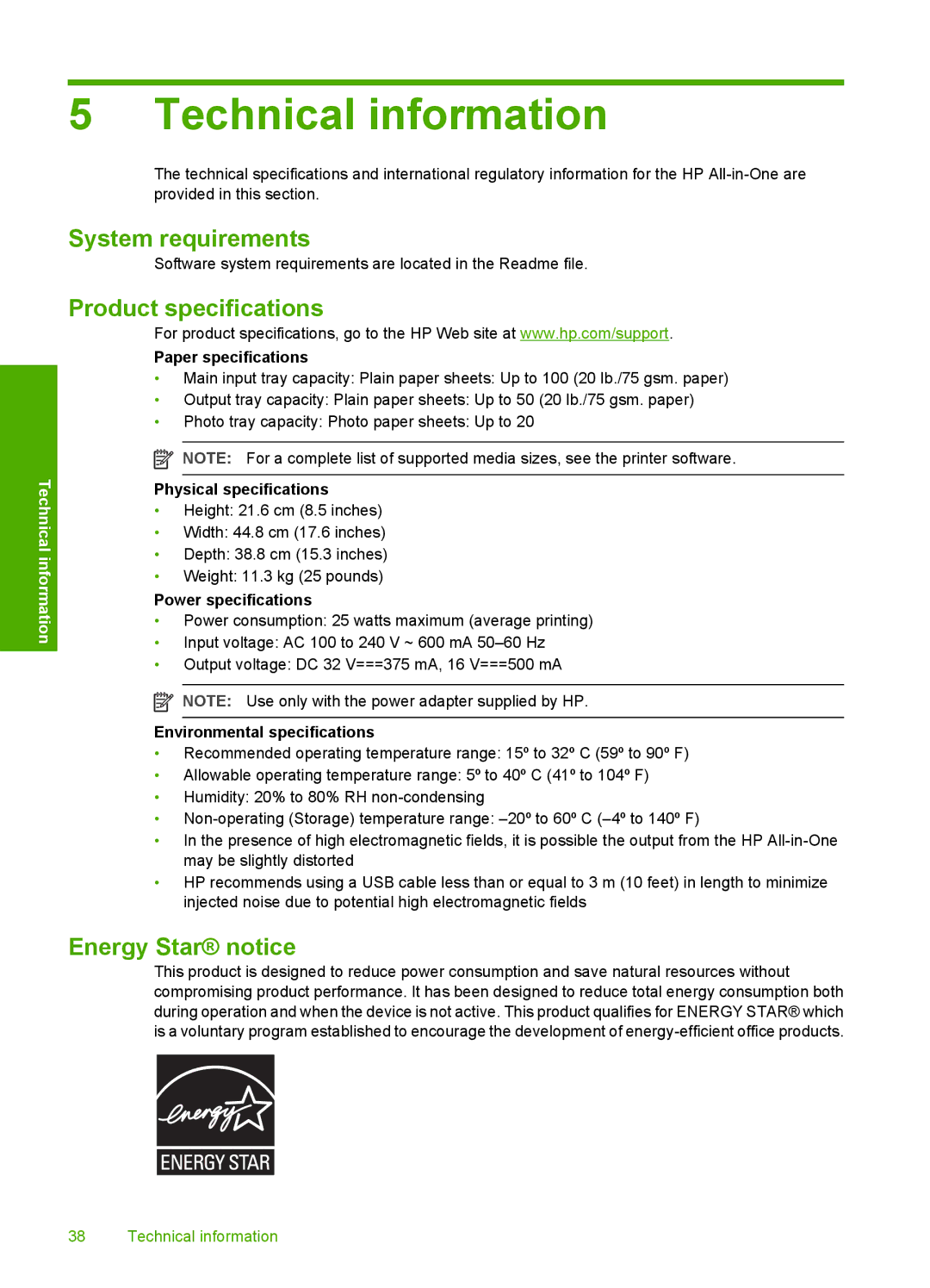 HP C8100 manual Technical information, System requirements, Product specifications, Energy Star notice 