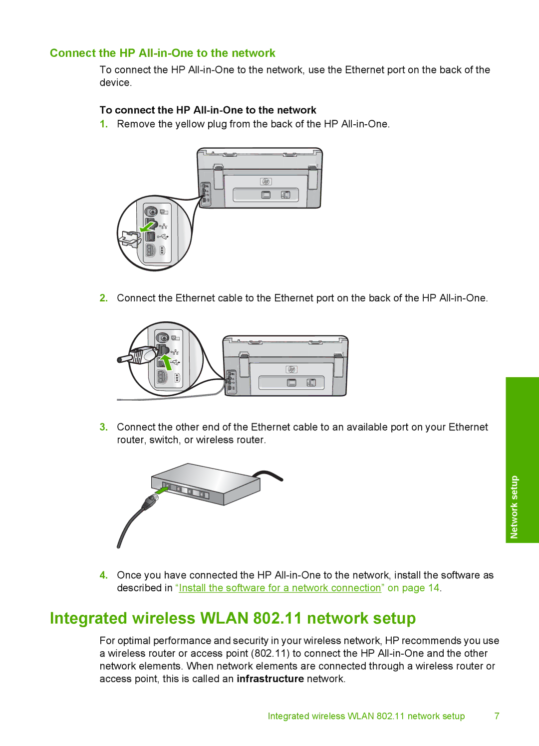 HP C8100 manual Integrated wireless Wlan 802.11 network setup, Connect the HP All-in-One to the network 