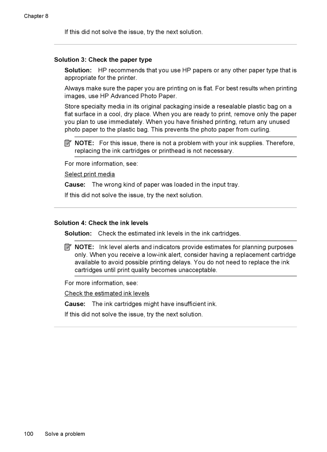 HP 7500A E910 C9309A#B1H manual Solution 3 Check the paper type, Solution 4 Check the ink levels 