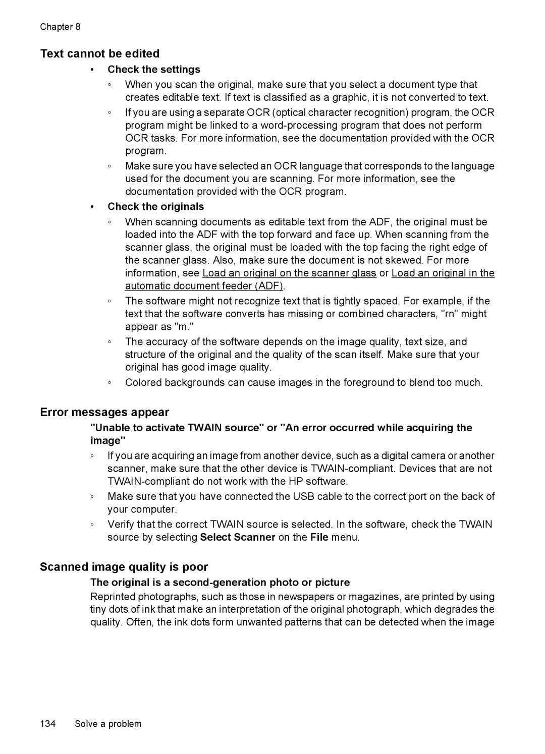 HP C9309A manual Text cannot be edited, Error messages appear, Scanned image quality is poor, Check the originals 