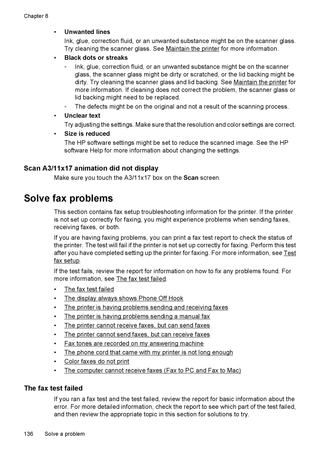 HP C9309A manual Solve fax problems, Scan A3/11x17 animation did not display, Fax test failed, Size is reduced 