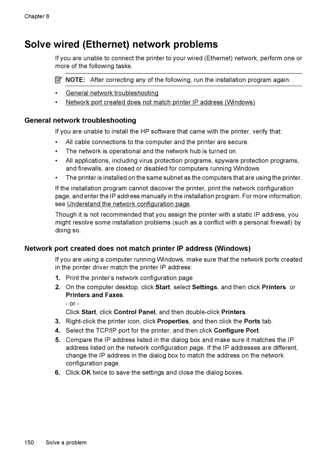 HP 7500A E910 C9309A#B1H manual Solve wired Ethernet network problems, General network troubleshooting 