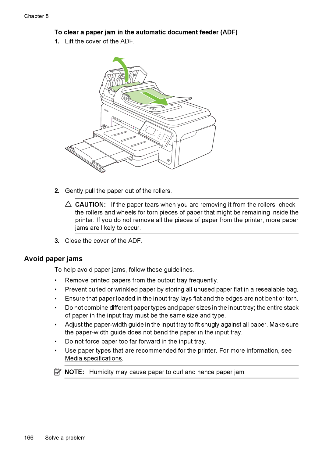 HP 7500A E910 C9309A#B1H manual Avoid paper jams, To clear a paper jam in the automatic document feeder ADF 