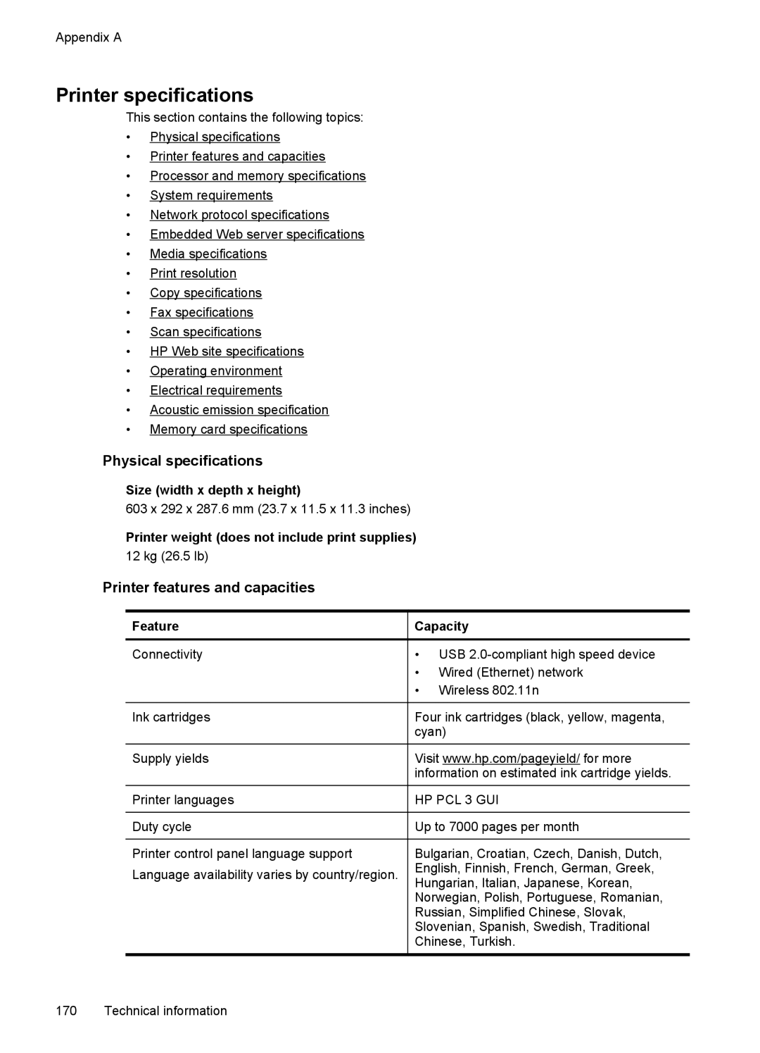 HP 7500A E910 C9309A#B1H manual Printer specifications, Physical specifications, Printer features and capacities 