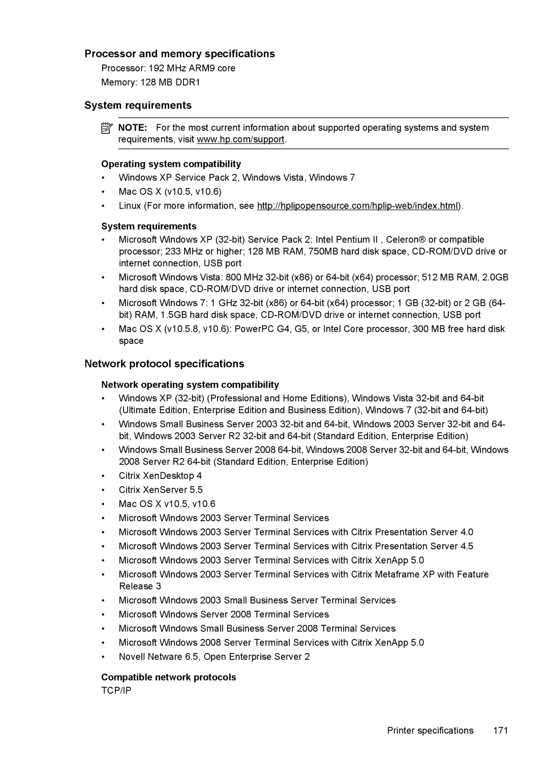 HP 7500A E910 C9309A#B1H manual Processor and memory specifications, System requirements, Network protocol specifications 