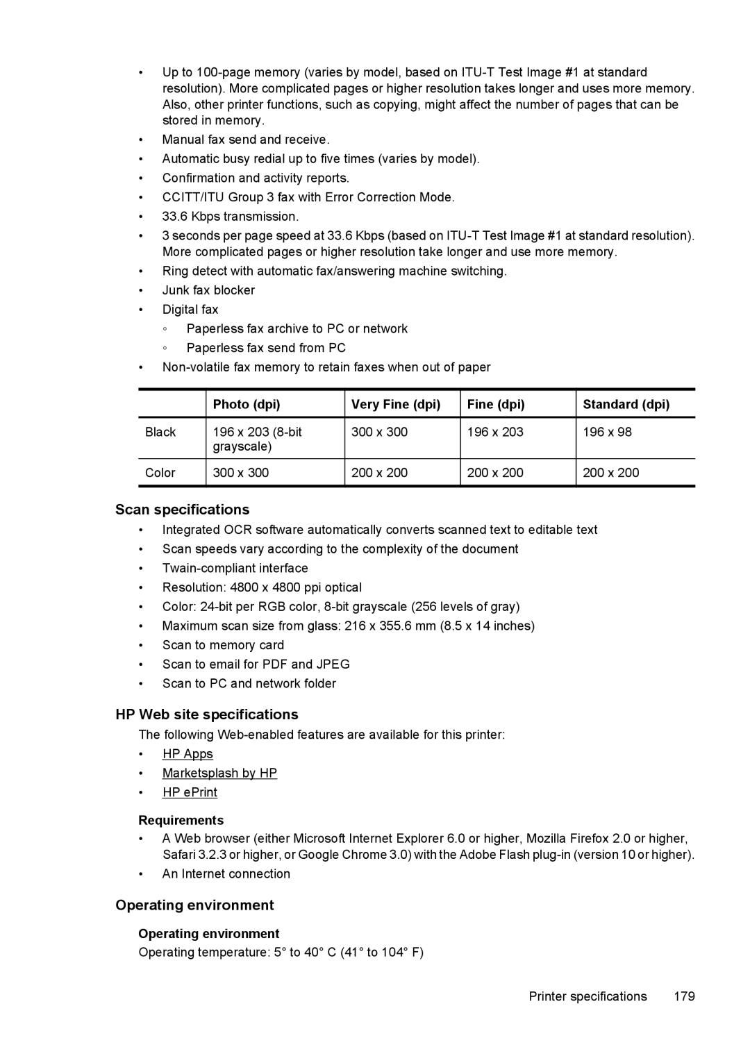 HP 7500A E910 C9309A#B1H manual Scan specifications, HP Web site specifications, Operating environment 