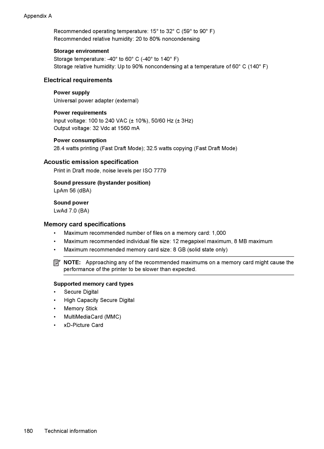 HP 7500A E910 C9309A#B1H manual Electrical requirements, Acoustic emission specification, Memory card specifications 