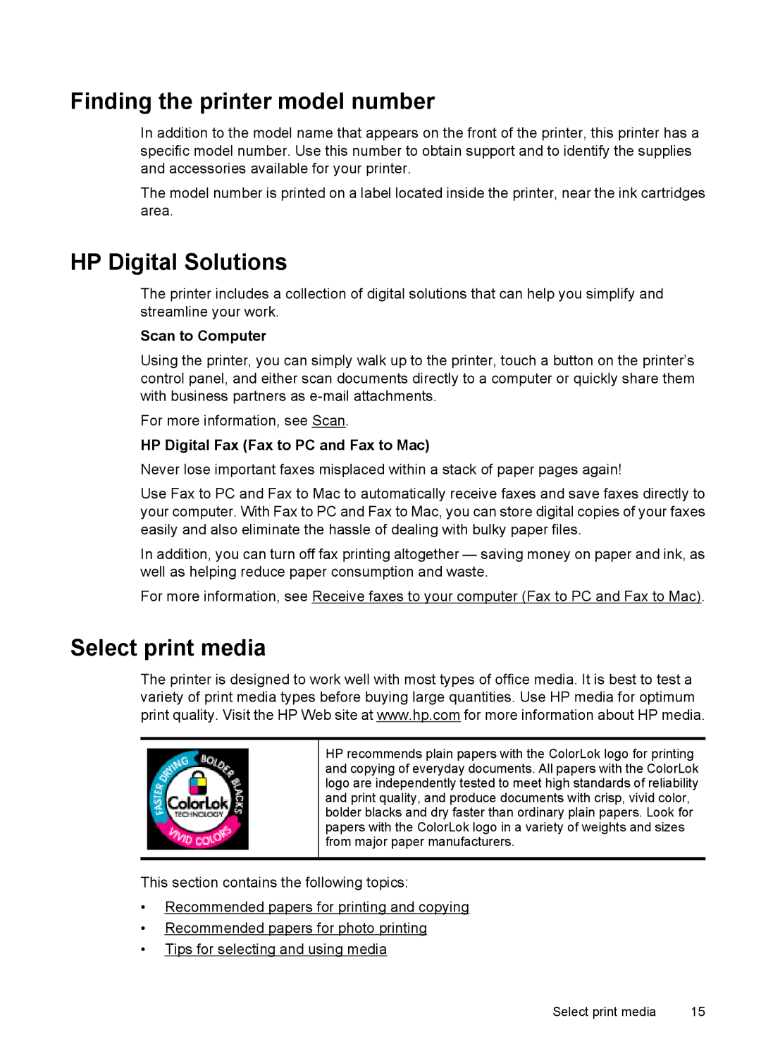 HP 7500A E910 C9309A#B1H Finding the printer model number, HP Digital Solutions, Select print media, Scan to Computer 