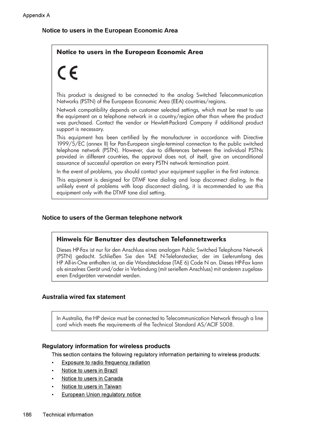 HP 7500A E910 C9309A#B1H manual Australia wired fax statement, Regulatory information for wireless products 