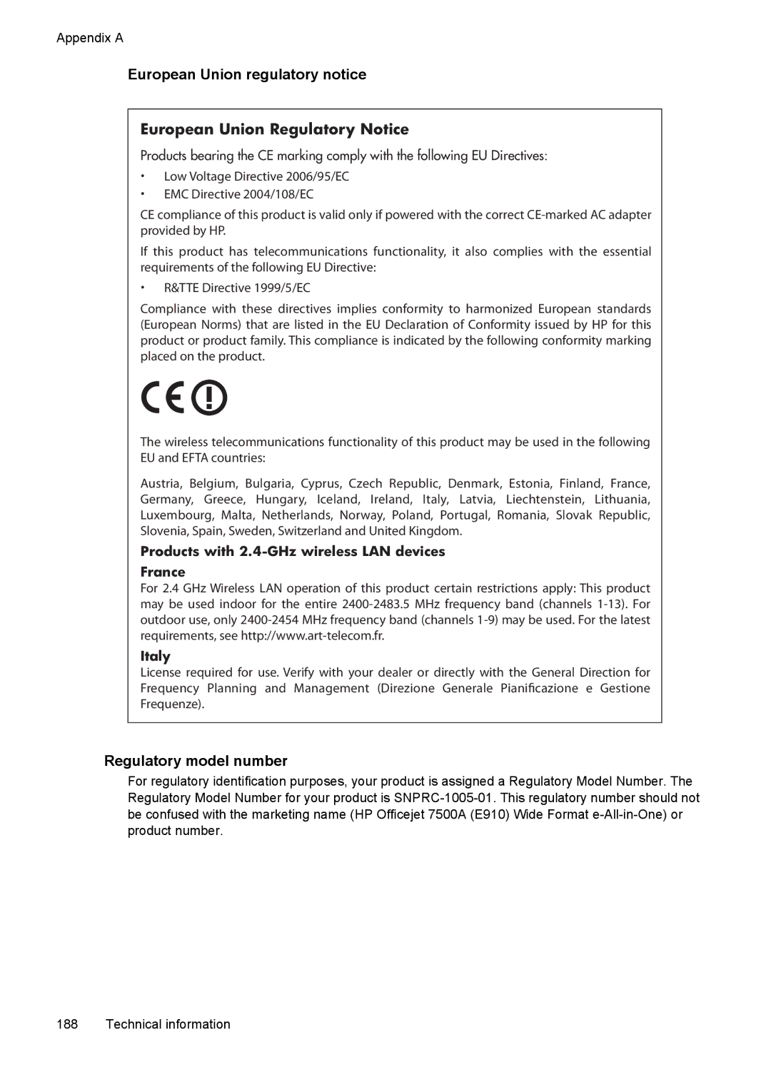 HP 7500A E910 C9309A#B1H manual European Union regulatory notice, Regulatory model number 