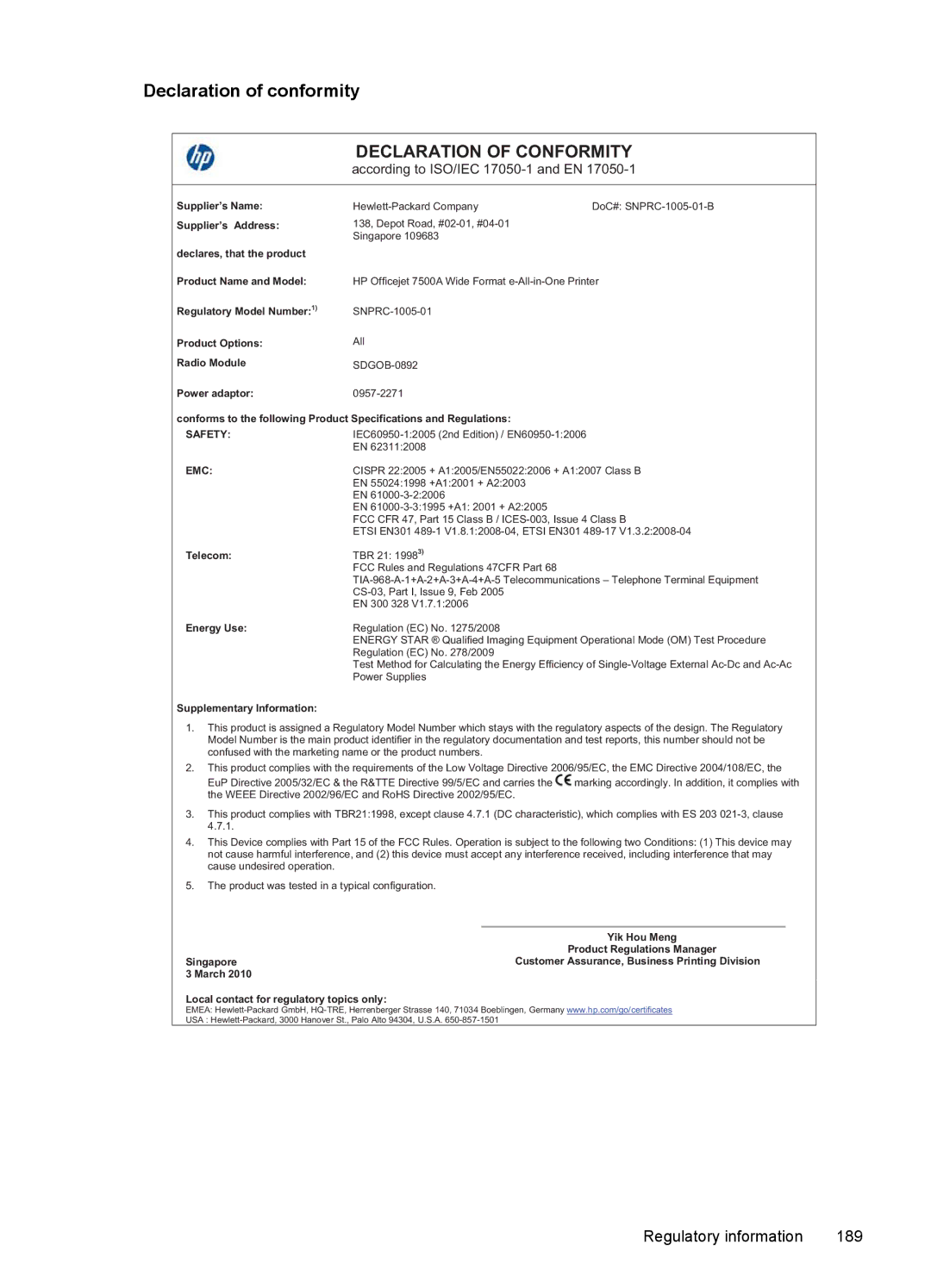 HP 7500A E910 C9309A#B1H manual Declaration of conformity, Declaration of Conformity 