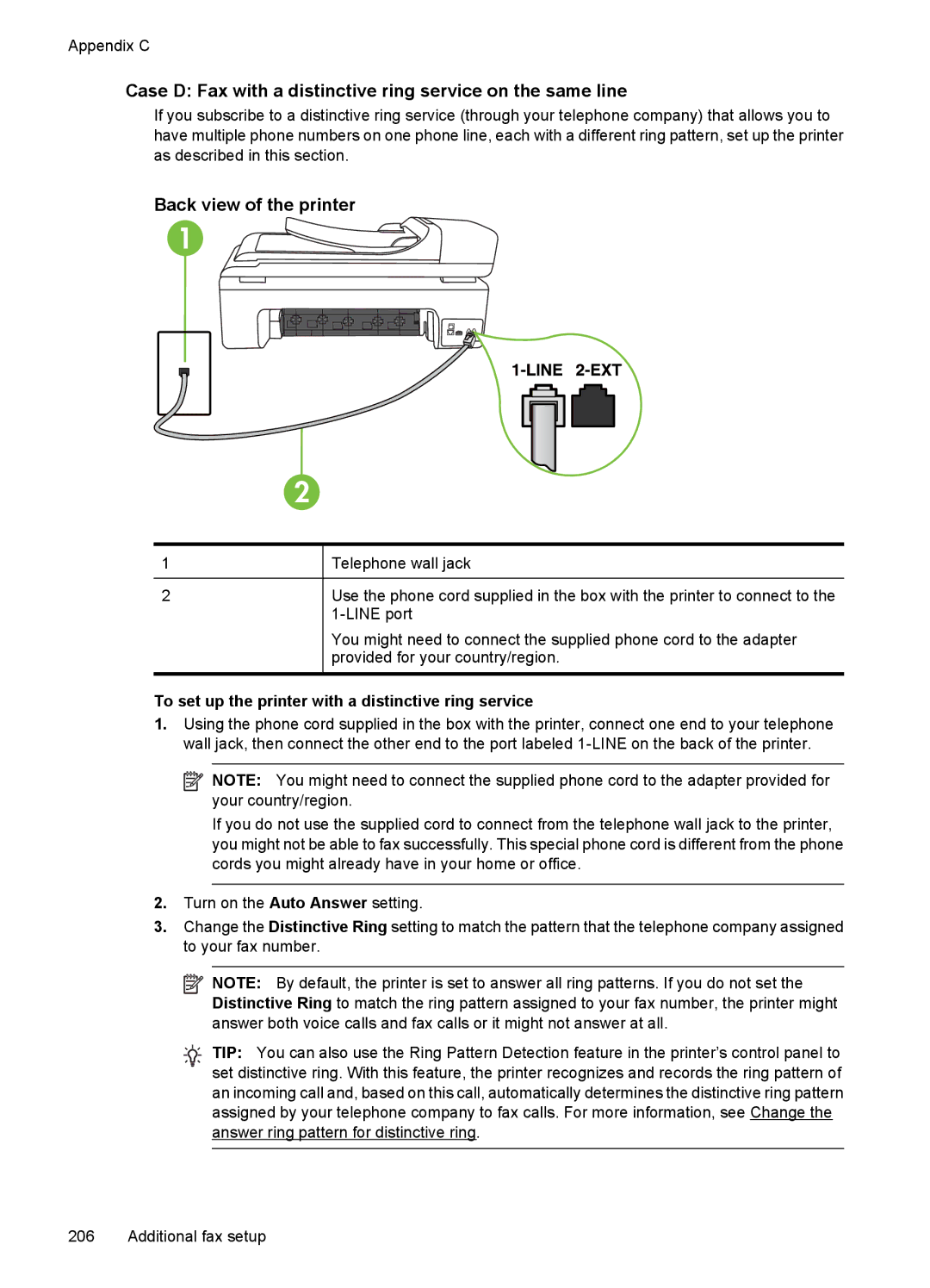 HP 7500A E910 C9309A#B1H manual Case D Fax with a distinctive ring service on the same line 