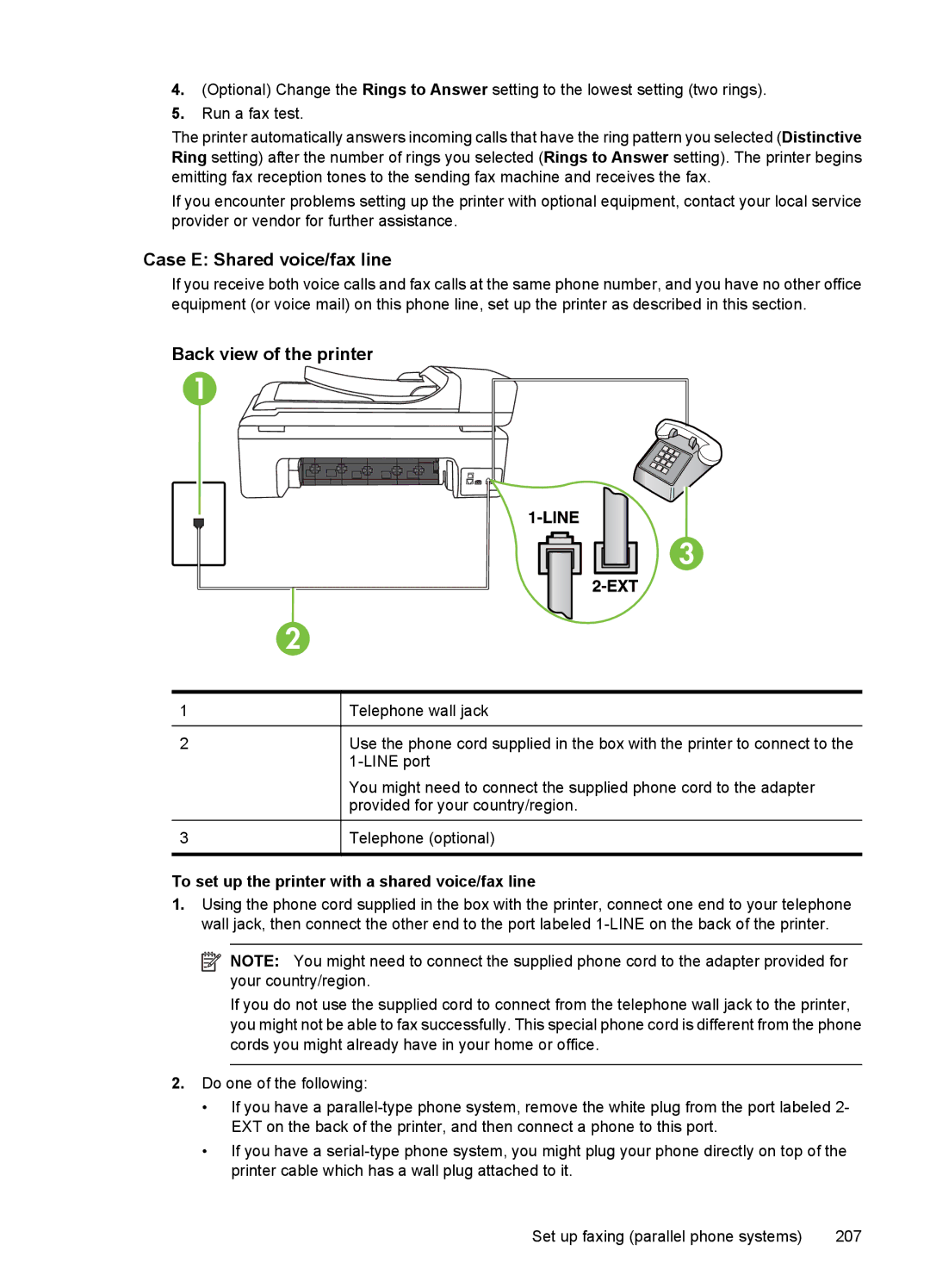 HP 7500A E910 C9309A#B1H manual Case E Shared voice/fax line, To set up the printer with a shared voice/fax line 