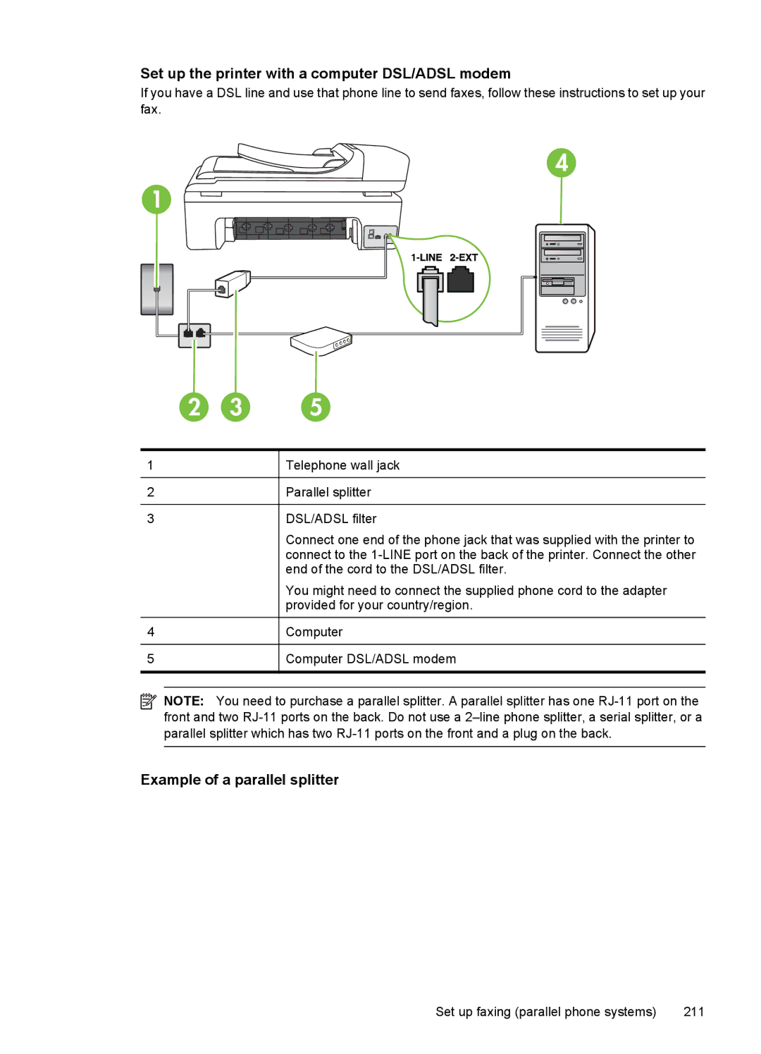 HP 7500A E910 C9309A#B1H manual Set up the printer with a computer DSL/ADSL modem, Example of a parallel splitter 