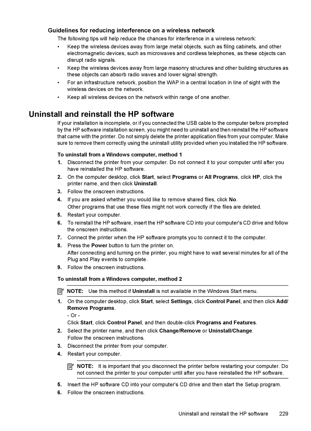 HP 7500A E910 C9309A#B1H manual Uninstall and reinstall the HP software, To uninstall from a Windows computer, method 