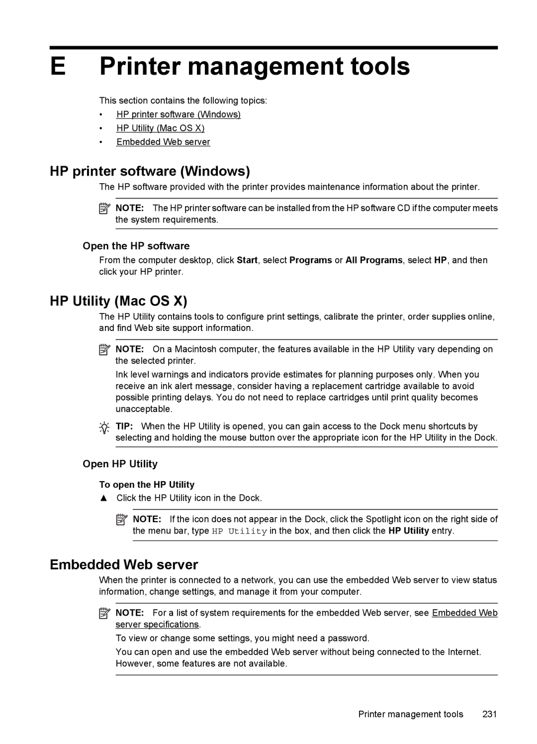 HP 7500A E910 C9309A#B1H Printer management tools, HP printer software Windows, HP Utility Mac OS, Embedded Web server 