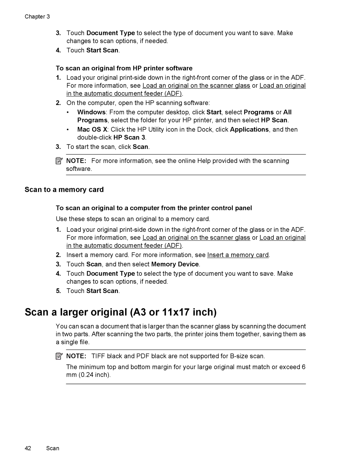 HP 7500A E910 C9309A#B1H manual Scan a larger original A3 or 11x17 inch, Scan to a memory card, Touch Start Scan 