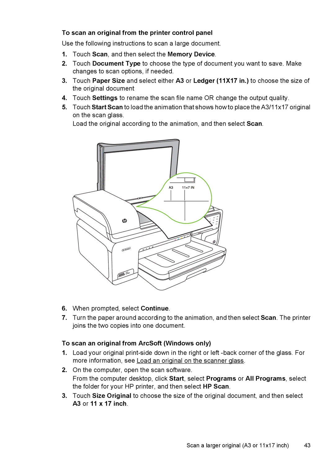 HP 7500A E910 C9309A#B1H To scan an original from the printer control panel, To scan an original from ArcSoft Windows only 