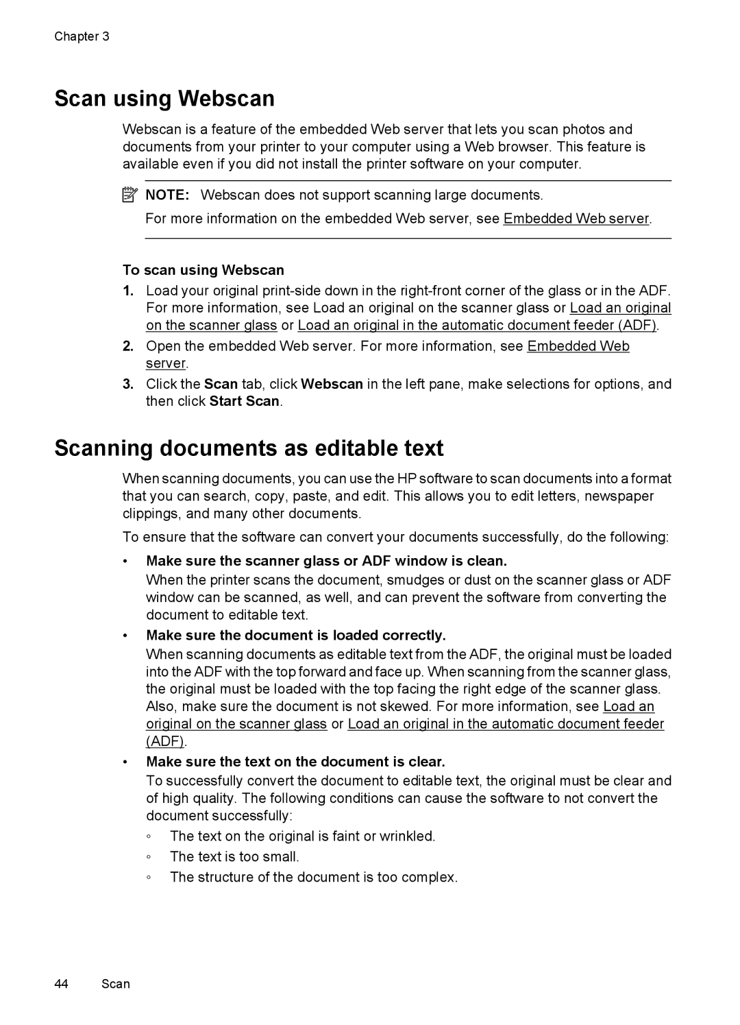 HP 7500A E910 C9309A#B1H manual Scan using Webscan, Scanning documents as editable text 