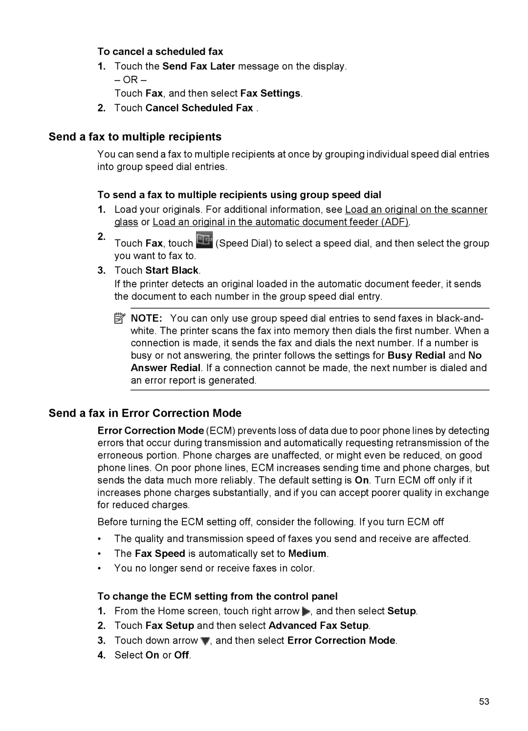 HP 7500A E910 C9309A#B1H manual Send a fax to multiple recipients, Send a fax in Error Correction Mode 