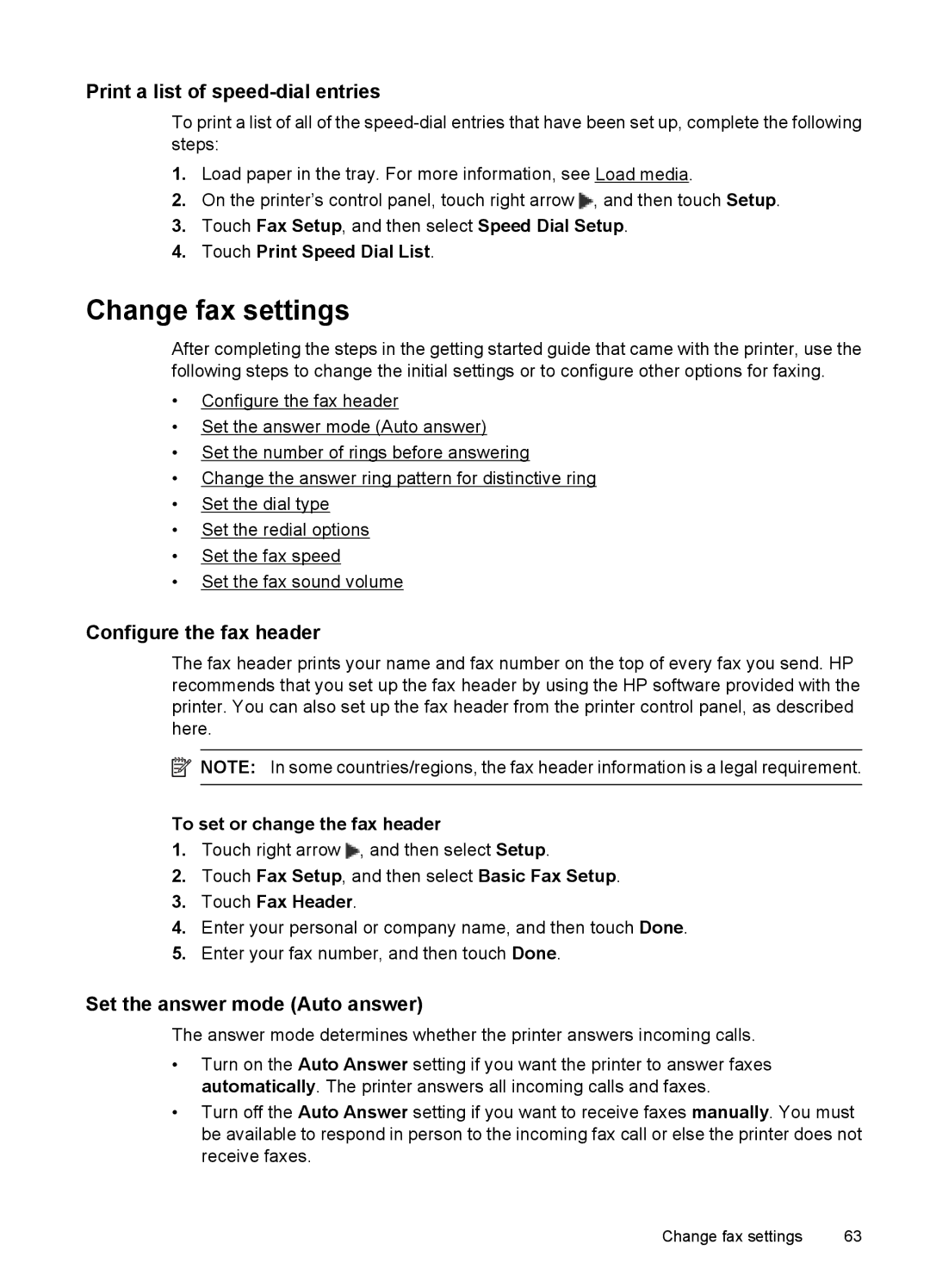 HP 7500A E910 C9309A#B1H manual Change fax settings, Print a list of speed-dial entries, Configure the fax header 