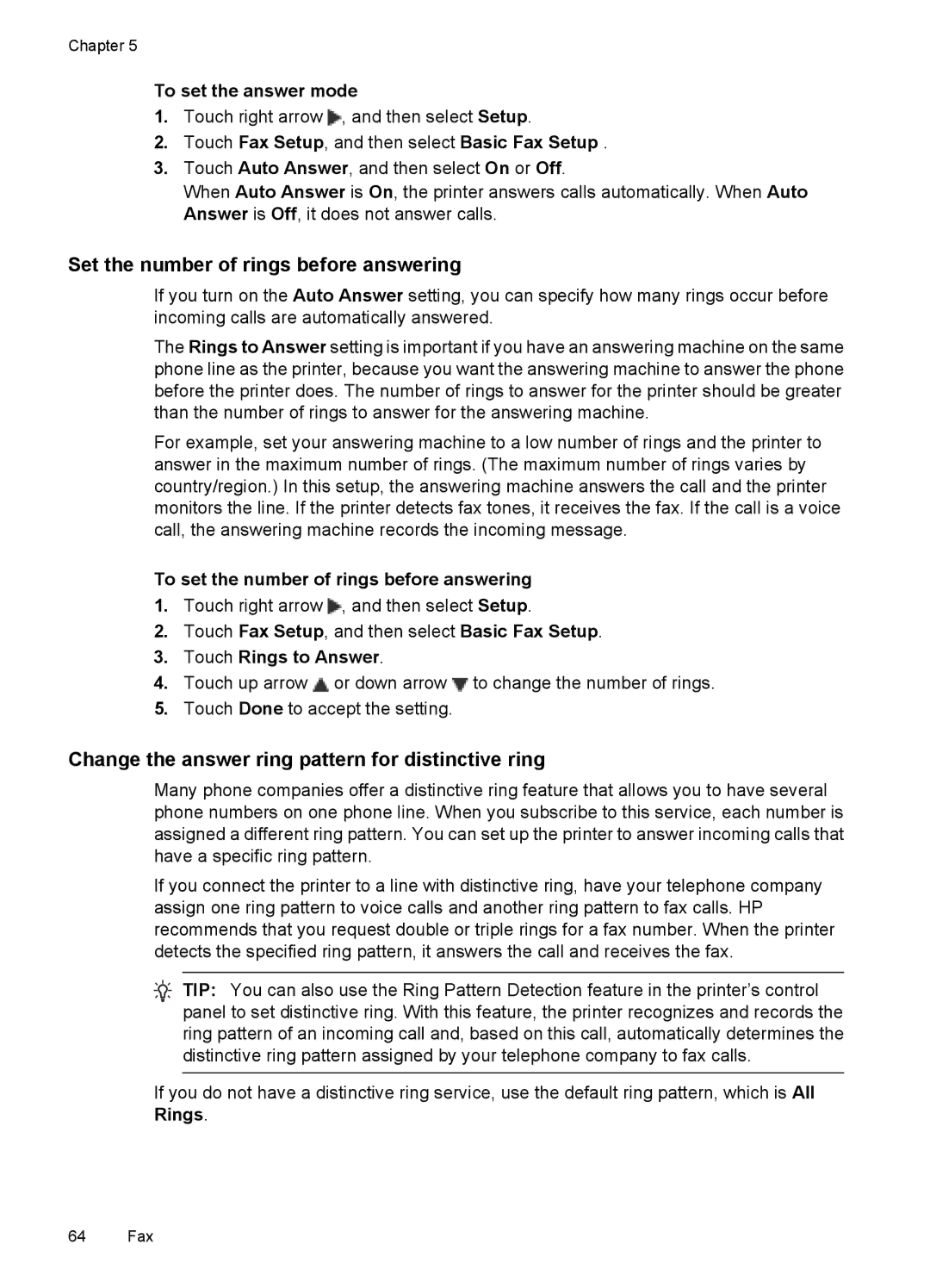 HP C9309A manual Set the number of rings before answering, Change the answer ring pattern for distinctive ring 