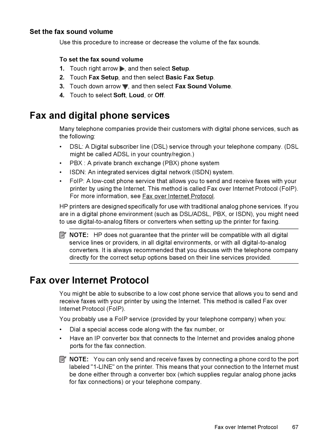 HP 7500A E910 C9309A#B1H manual Fax and digital phone services, Fax over Internet Protocol, Set the fax sound volume 