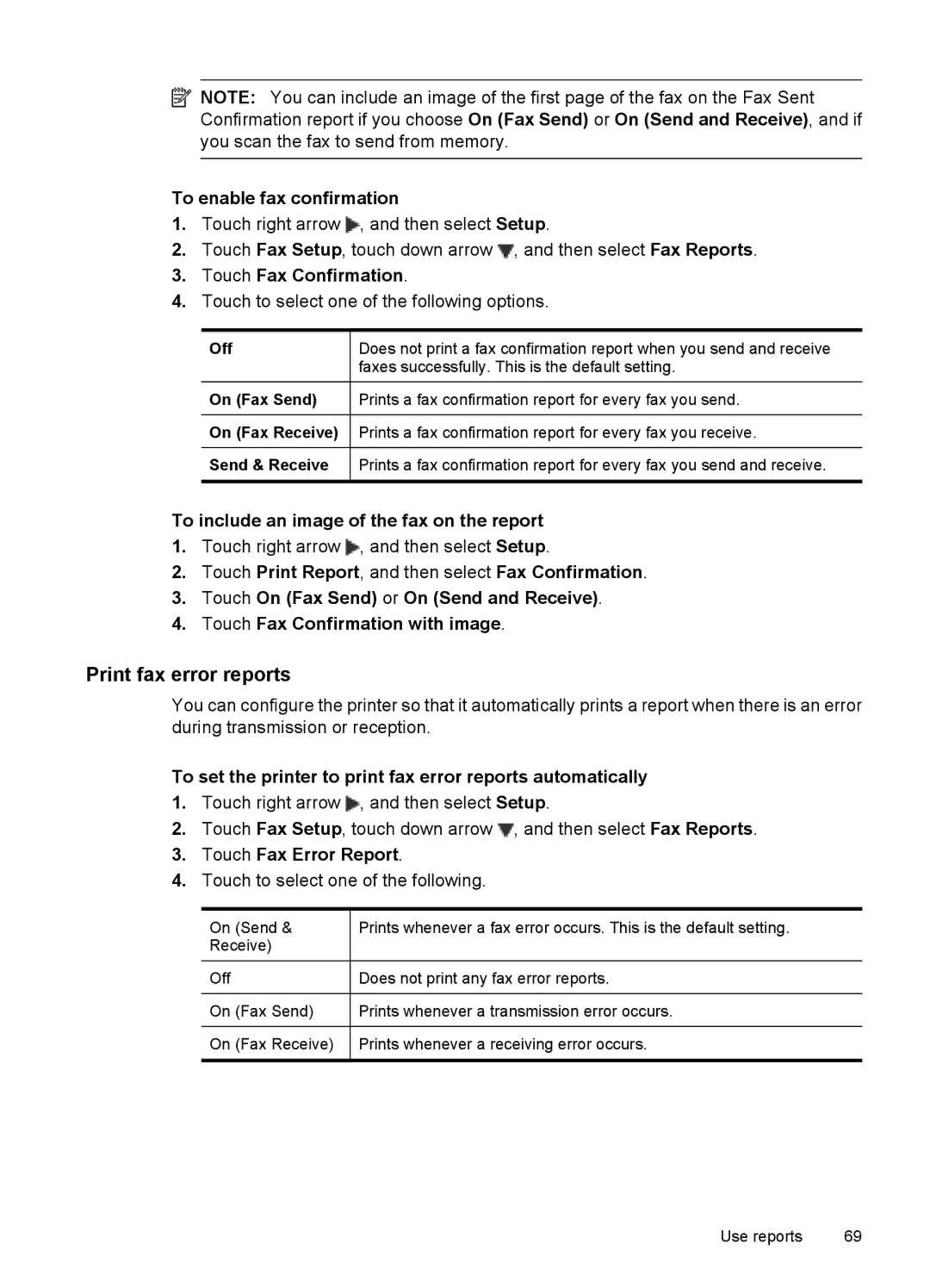 HP 7500A E910 C9309A#B1H manual Print fax error reports 