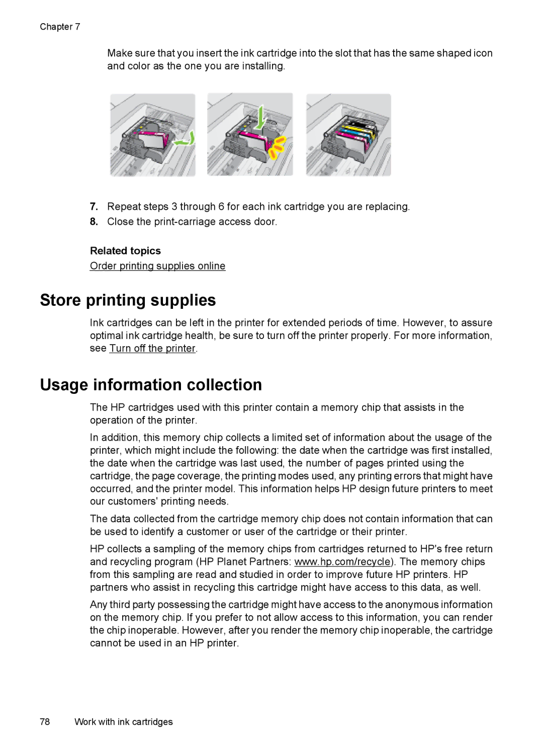 HP 7500A E910 C9309A#B1H manual Store printing supplies, Usage information collection 