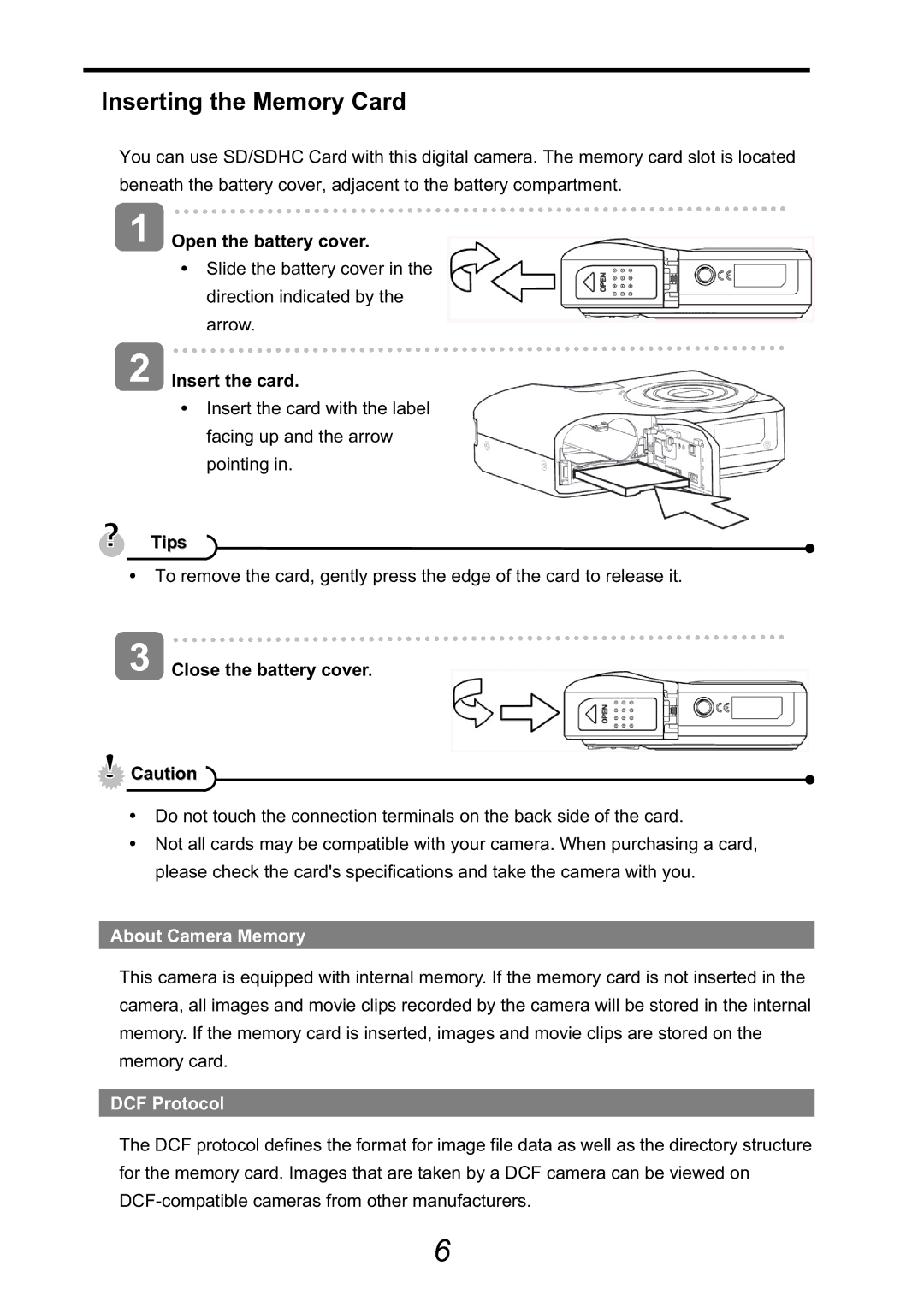 HP CA-340 manual Inserting the Memory Card, Insert the card, Tips, About Camera Memory, DCF Protocol 