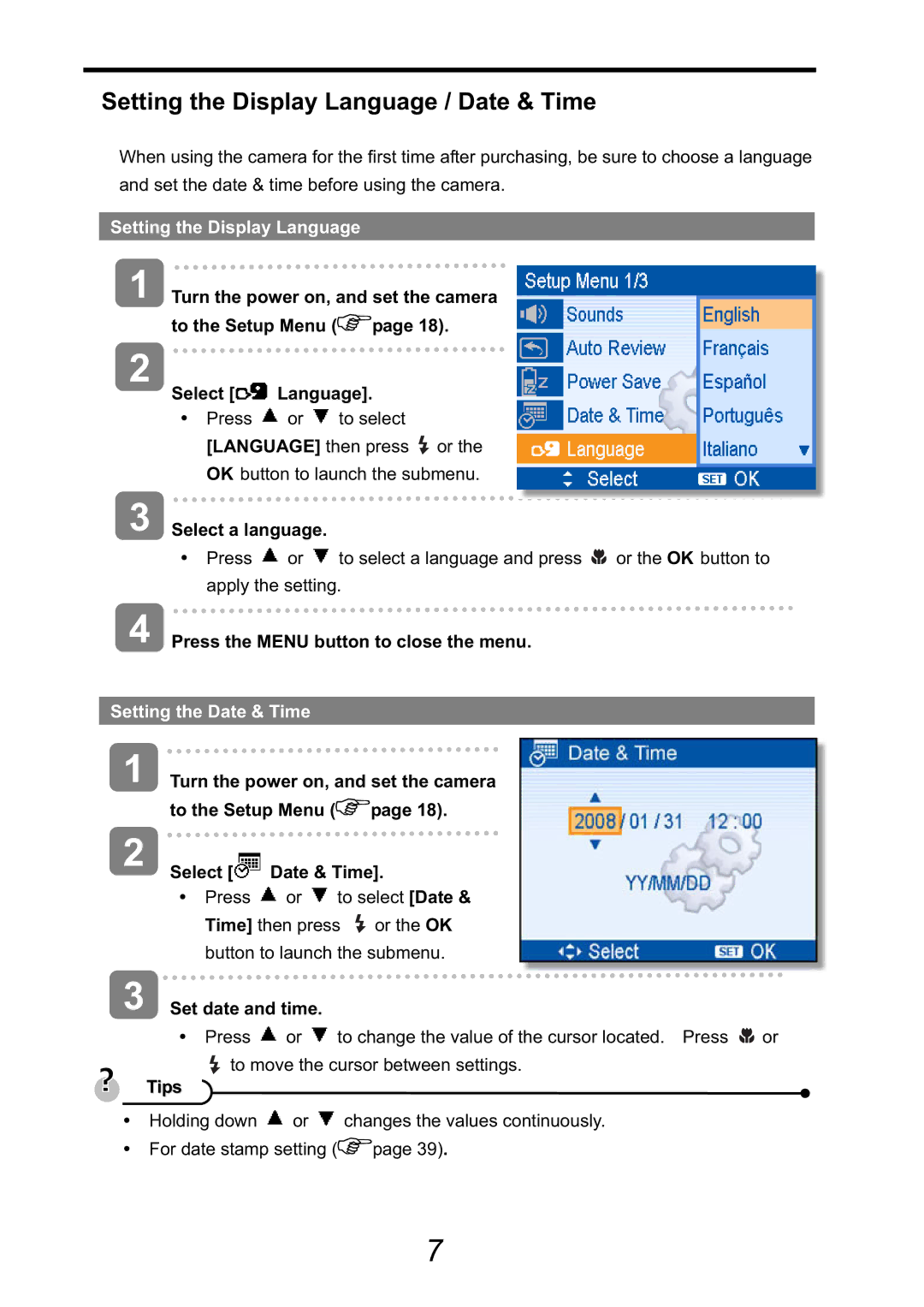 HP CA-340 manual Setting the Display Language / Date & Time, Setting the Date & Time 