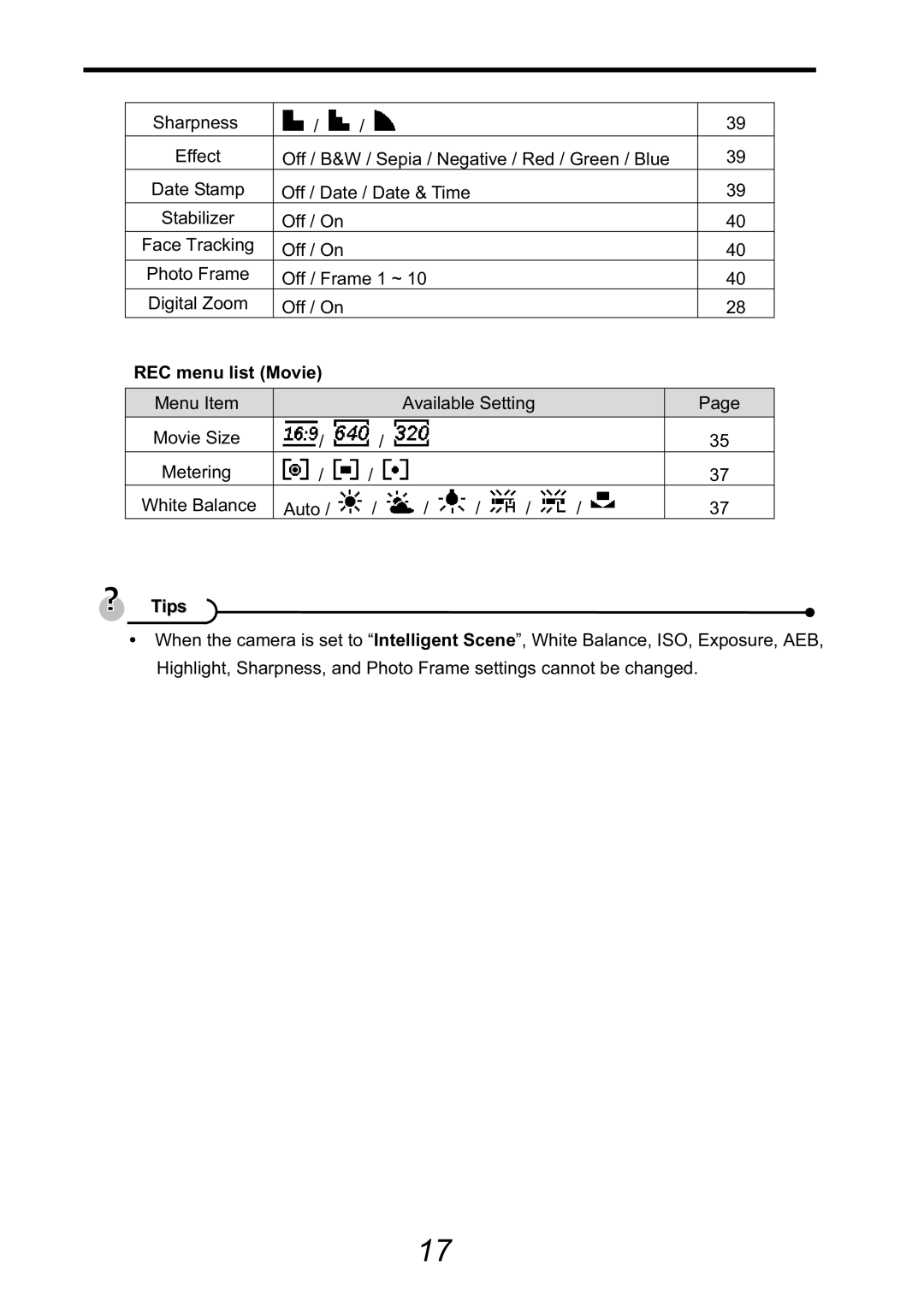 HP CA-340 manual REC menu list Movie, Tips 