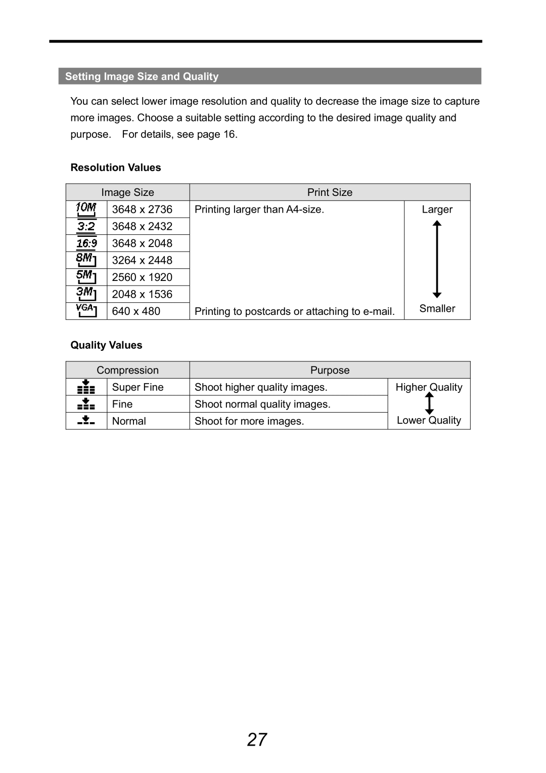 HP CA-340 manual Setting Image Size and Quality, Resolution Values, Quality Values 