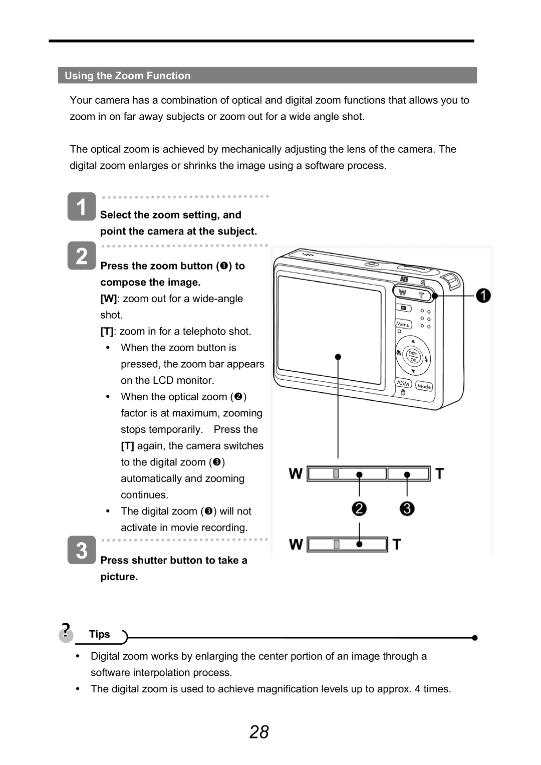 HP CA-340 manual Using the Zoom Function, Press shutter button to take a picture Tips 