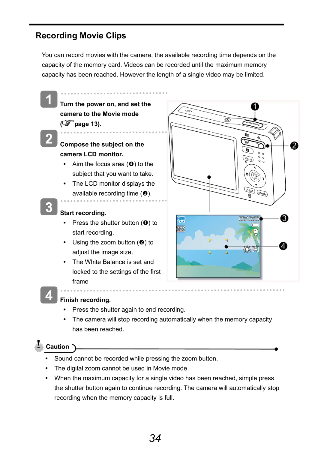 HP CA-340 manual Recording Movie Clips, Start recording, Finish recording 