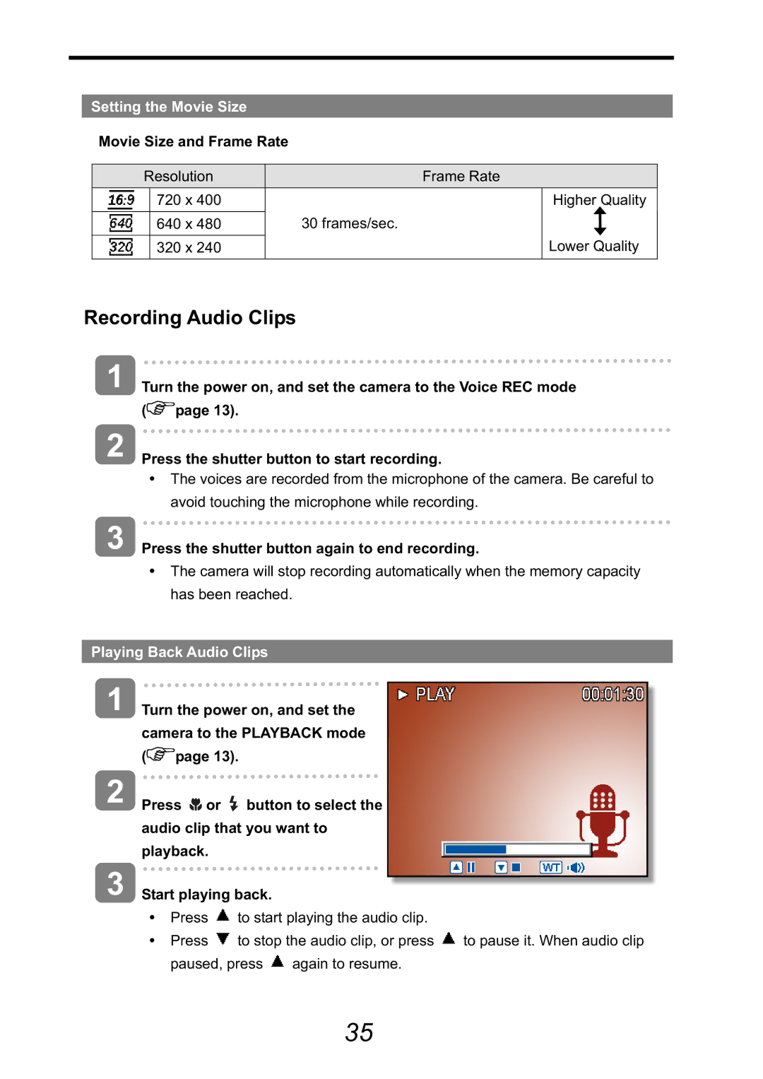 HP CA-340 manual Recording Audio Clips, Setting the Movie Size, Movie Size and Frame Rate, Playing Back Audio Clips 