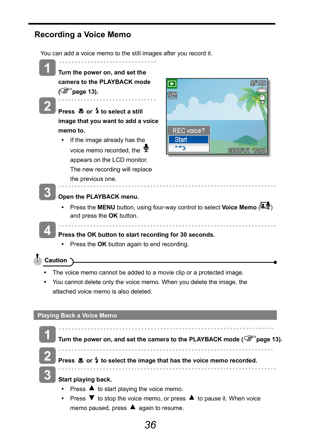 HP CA-340 manual Recording a Voice Memo, Open the Playback menu, Press the OK button to start recording for 30 seconds 