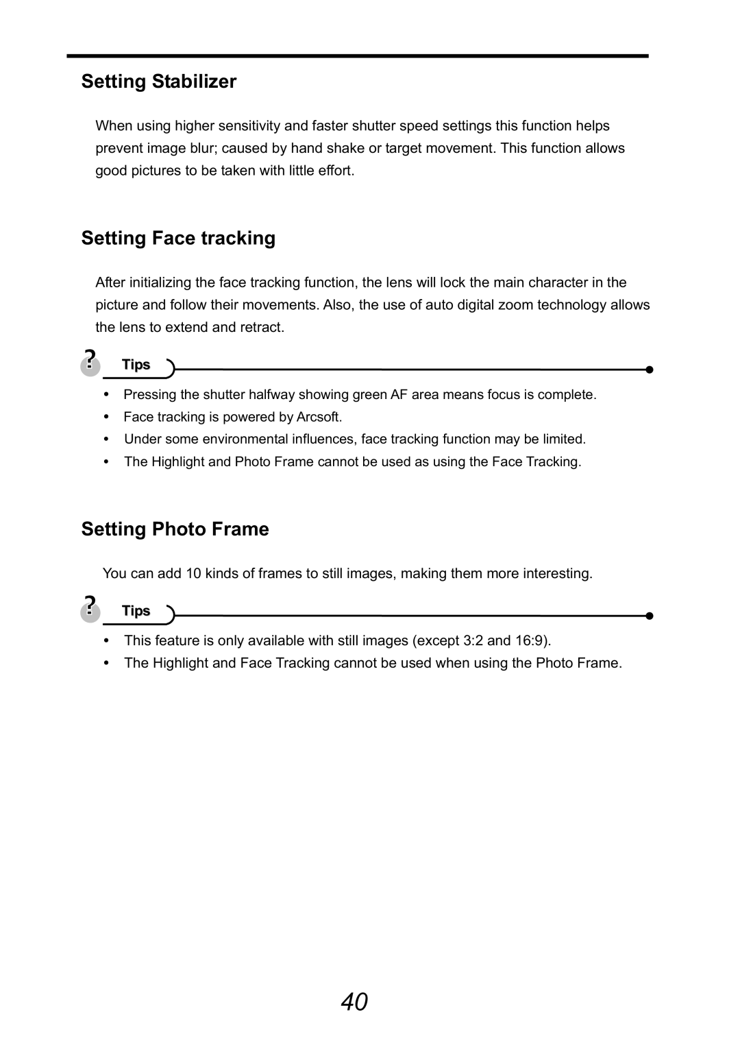 HP CA-340 manual Setting Stabilizer, Setting Face tracking, Setting Photo Frame 