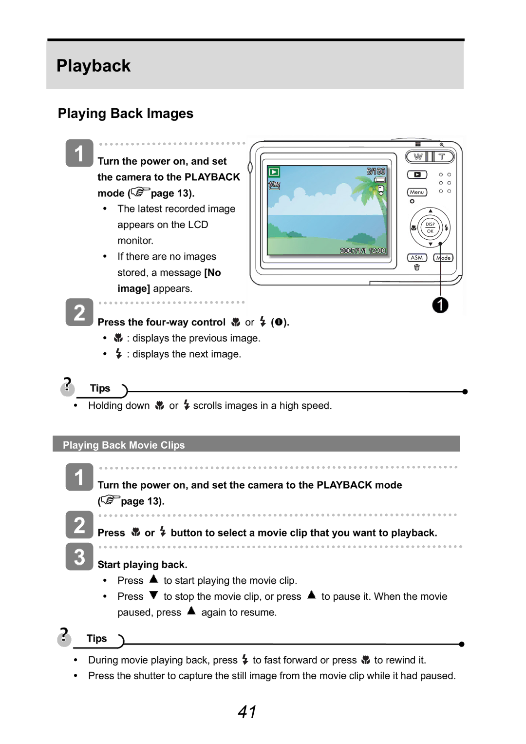 HP CA-340 manual Playing Back Images, Turn the power on, and set Camera to the Playback Mode, Press the four-way control or 